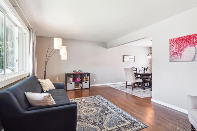 living room with baseboards and wood finished floors