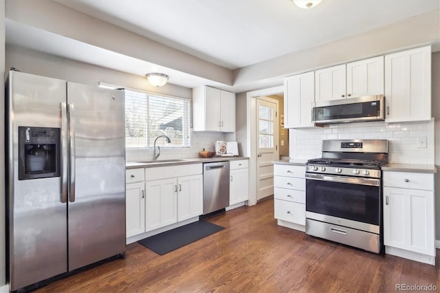 kitchen with dark wood-style floors, white cabinetry, a sink, backsplash, and stainless steel appliances