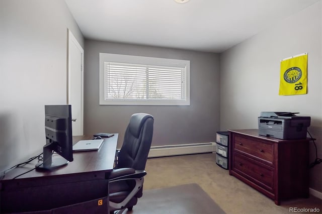 home office featuring light carpet and a baseboard heating unit