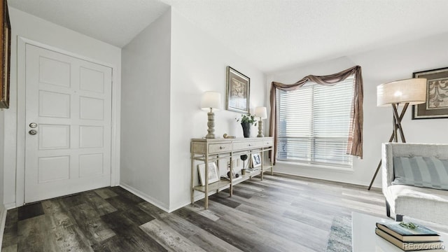 interior space featuring a textured ceiling and dark hardwood / wood-style flooring