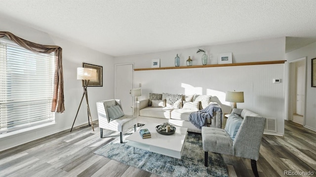 living room featuring a textured ceiling and wood-type flooring