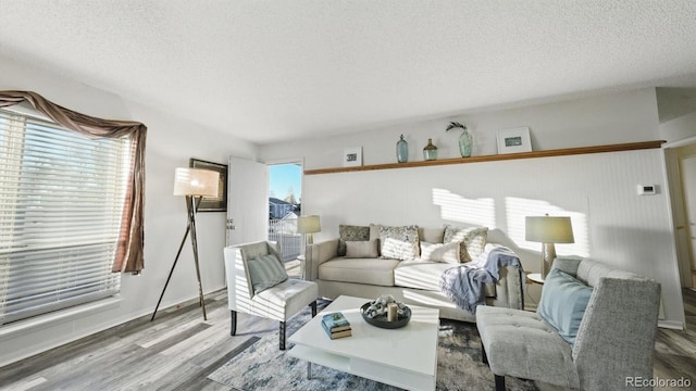 living room featuring a textured ceiling, a healthy amount of sunlight, and hardwood / wood-style flooring