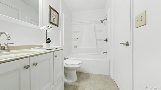 full bathroom with shower / tub combination, tile patterned floors, vanity, and toilet