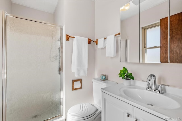 bathroom with a stall shower, vanity, and toilet