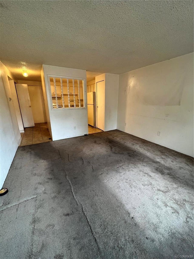 interior space with a textured ceiling and light colored carpet