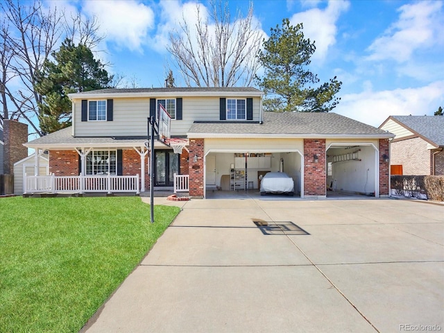 7631 Oak St, Arvada, CO 80005 - traditional-style home featuring brick siding, covered porch, driveway, heating fuel, and a front yard