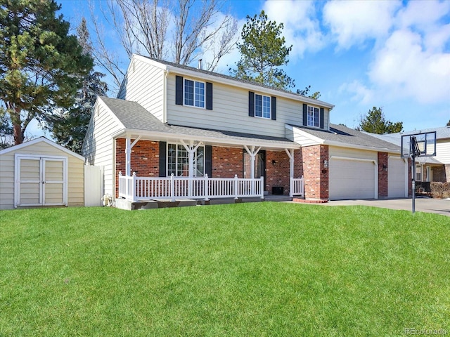 7631 Oak St, Arvada, CO 80005 - traditional-style house featuring brick siding, covered porch, a storage unit, a garage, and concrete driveway