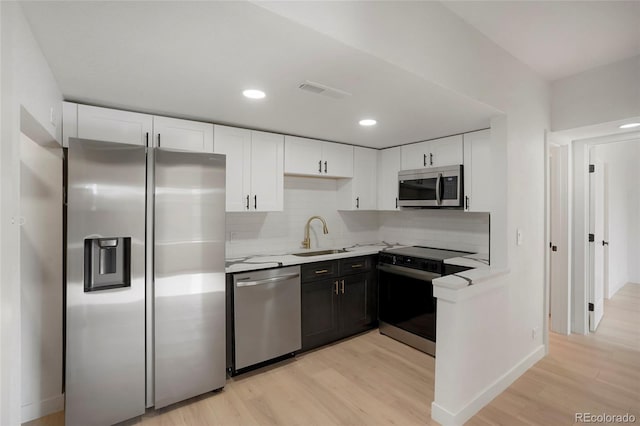 kitchen featuring white cabinetry, sink, tasteful backsplash, light hardwood / wood-style flooring, and appliances with stainless steel finishes