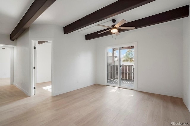 empty room with beam ceiling, light hardwood / wood-style floors, and ceiling fan