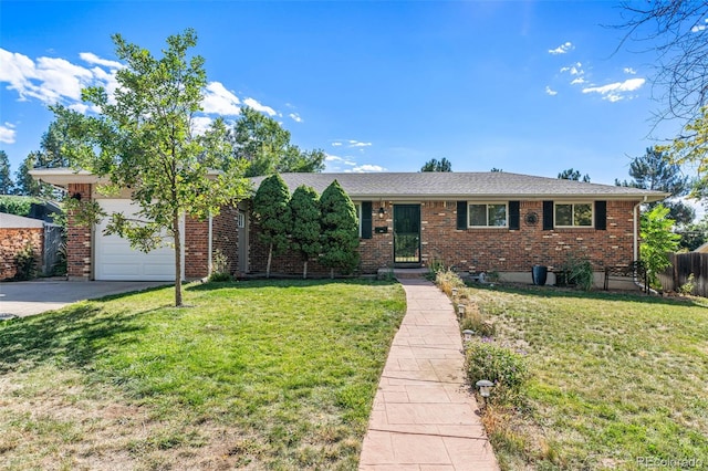 single story home with a garage and a front lawn