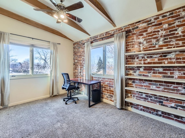 carpeted office featuring ceiling fan and lofted ceiling with beams