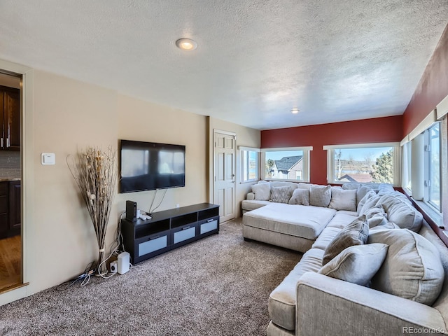 living room featuring carpet and a textured ceiling