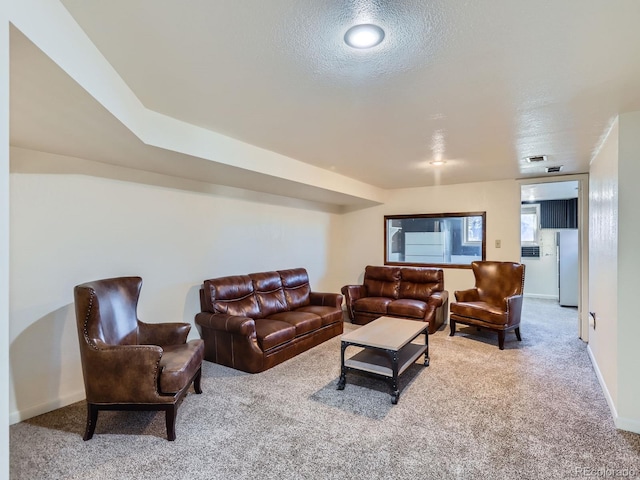 living room with a textured ceiling and light colored carpet