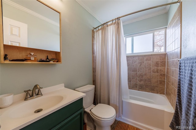bathroom with crown molding, toilet, shower / bath combo, and vanity