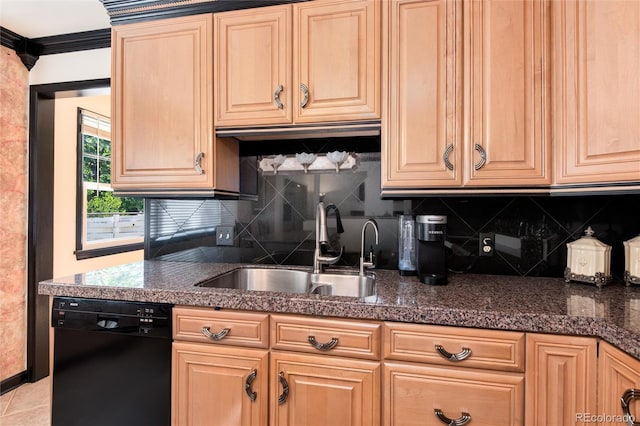 5215 S Washington St, Littleton, CO 80121 - kitchen featuring dishwasher, light brown cabinets, tasteful backsplash, and crown molding