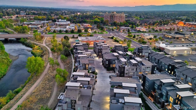 view of aerial view at dusk