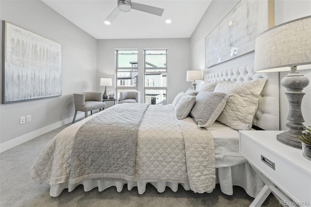 bedroom featuring carpet floors and ceiling fan