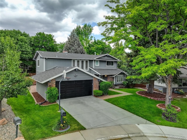6338 S Oneida Ct, Centennial, CO 80111 - view of front of property featuring a shingled roof, a garage, brick siding, a front yard, and driveway