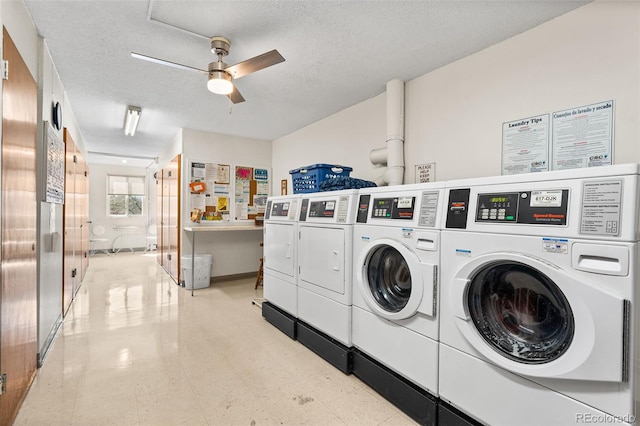 495 S Dayton St Unit 1C, Denver, CO 80247 - shared laundry area with tile patterned floors, independent washer and dryer, a ceiling fan, and a textured ceiling