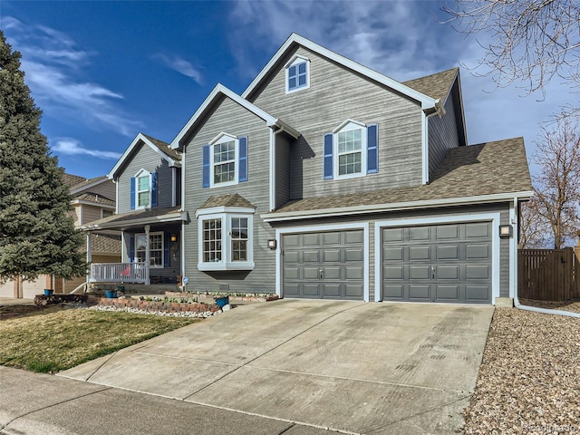 8862 Chestnut Hill Ln, Highlands Ranch, CO 80130 - traditional home featuring covered porch, driveway, fence, an attached garage, and roof with shingles