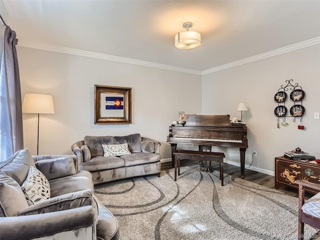 8862 Chestnut Hill Ln, Highlands Ranch, CO 80130 - living area featuring crown molding, wood finished floors, and baseboards