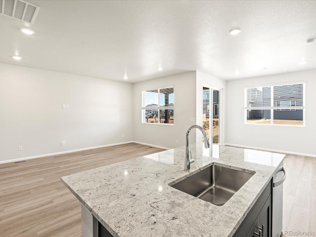 kitchen with sink, a kitchen island with sink, stainless steel dishwasher, light stone countertops, and light wood-type flooring