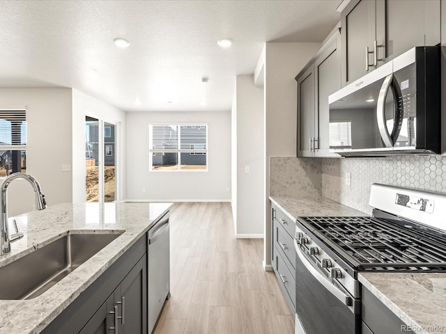 kitchen featuring light stone counters, appliances with stainless steel finishes, sink, and backsplash