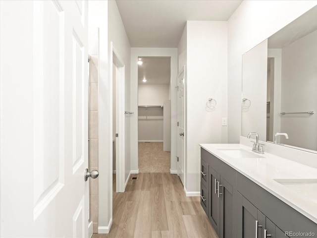 bathroom with vanity and hardwood / wood-style flooring