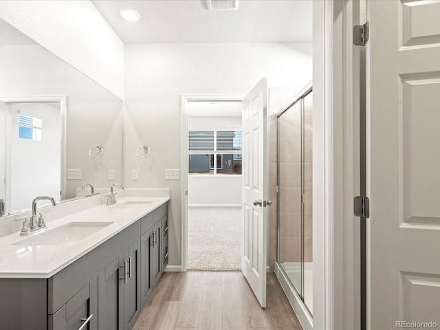 bathroom with vanity, a shower with door, and wood-type flooring