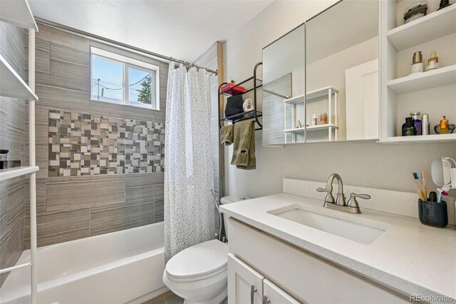 3444 Lawrence St, Denver, CO 80205 - full bathroom featuring vanity, toilet, and shower / bath combination with curtain