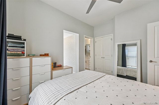 3444 Lawrence St, Denver, CO 80205 - bedroom with connected bathroom, ceiling fan, and a closet