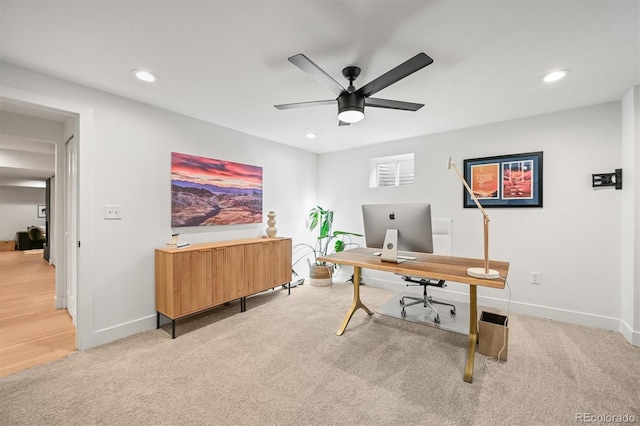 5200 W Rowland Ave, Littleton, CO 80128 - office area with light colored carpet, ceiling fan, baseboards, and recessed lighting