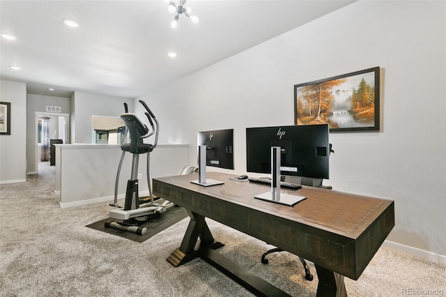 carpeted home office with visible vents, recessed lighting, and baseboards