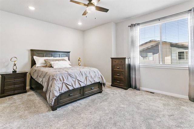 bedroom with recessed lighting, baseboards, carpet floors, and ceiling fan