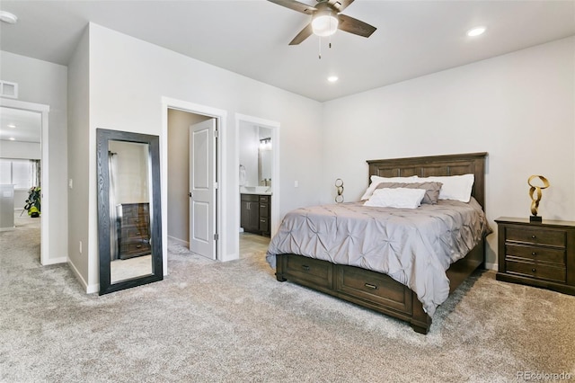 bedroom featuring recessed lighting, visible vents, light colored carpet, and baseboards