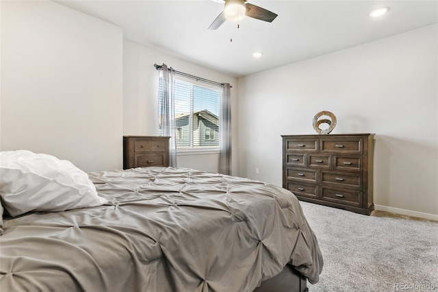 bedroom featuring recessed lighting, ceiling fan, baseboards, and carpet