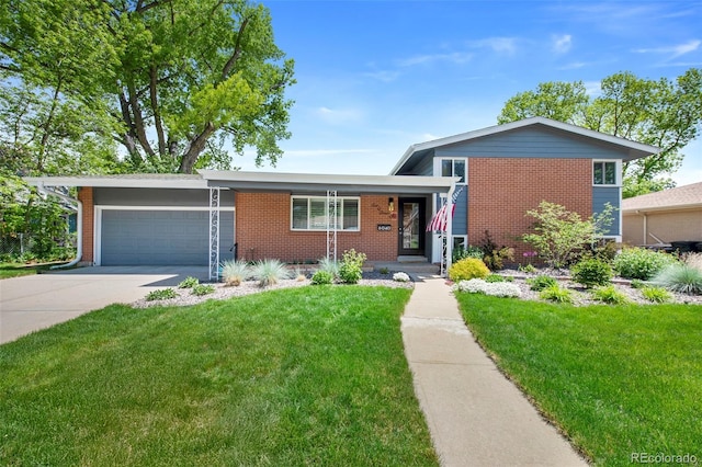6040 Taft Ct, Arvada, CO 80004 - split level home with brick siding, a garage, and a front lawn