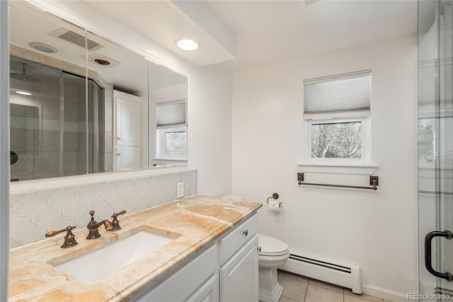 full bathroom with a baseboard radiator, tile patterned flooring, healthy amount of natural light, and a stall shower