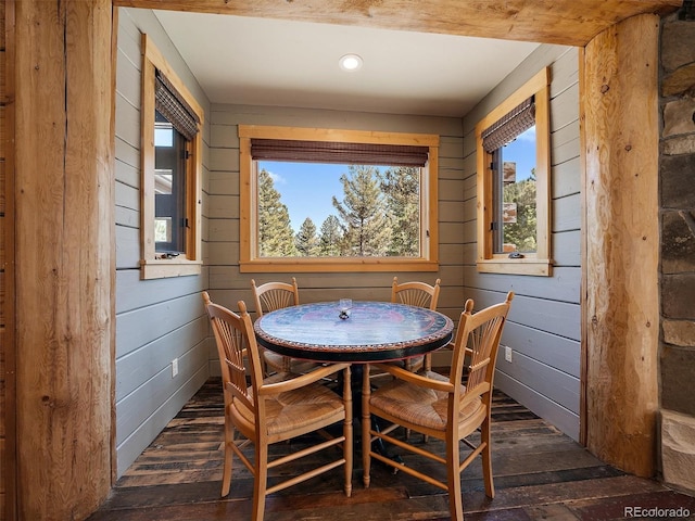 29548 Sunset Trl, Pine, CO 80470 - dining area featuring wooden walls, dark wood finished floors, and a healthy amount of sunlight