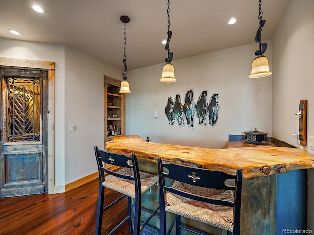 29548 Sunset Trl, Pine, CO 80470 - bar with bar area, dark wood finished floors, pendant lighting, and recessed lighting