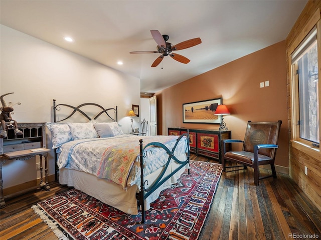 29548 Sunset Trl, Pine, CO 80470 - bedroom with hardwood / wood-style flooring, baseboards, recessed lighting, and ceiling fan