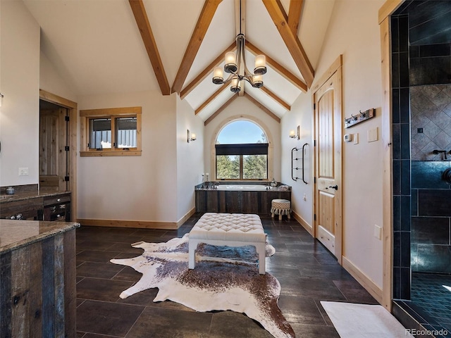 29548 Sunset Trl, Pine, CO 80470 - interior space with vaulted ceiling with beams, baseboards, and a chandelier