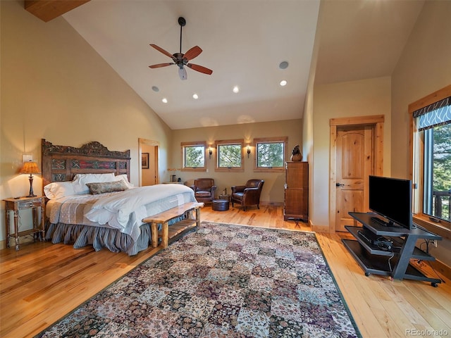29548 Sunset Trl, Pine, CO 80470 - bedroom featuring high vaulted ceiling, wood-type flooring, and recessed lighting
