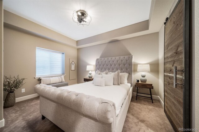 carpeted bedroom with a barn door