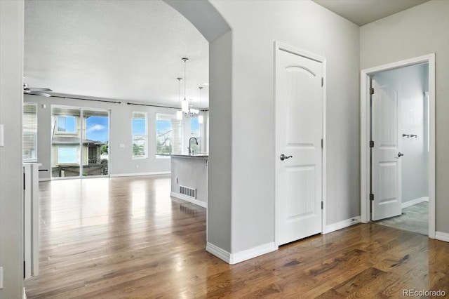 8205 Birch Tree Loop, Colorado Springs, CO 80927 - corridor featuring arched walkways, wood finished floors, and a chandelier