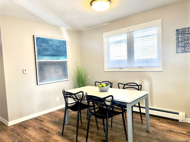 dining space with dark hardwood / wood-style flooring and a baseboard radiator