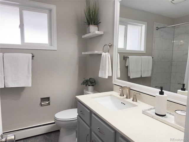 bathroom featuring toilet, vanity, baseboard heating, and wood-type flooring