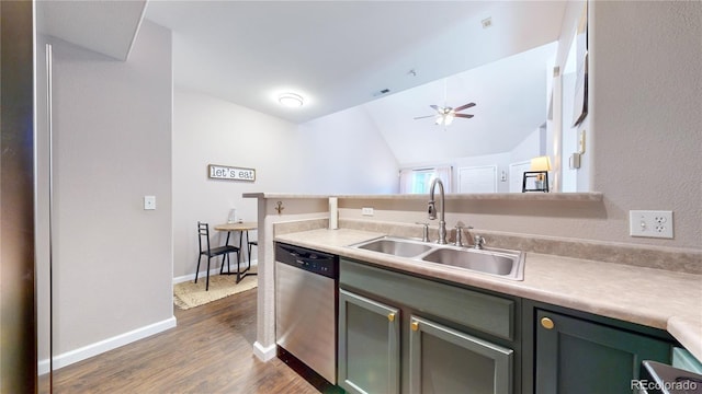 kitchen with sink, dark wood-type flooring, stainless steel dishwasher, and green cabinets