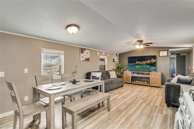 8426 Cook Way, Denver, CO 80229 - dining space featuring a ceiling fan, light wood-style flooring, a glass covered fireplace, and crown molding