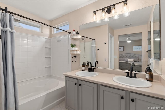 10245 Nottingham Dr, Parker, CO 80134 - full bathroom featuring shower / tub combo, connected bathroom, ceiling fan, and double vanity